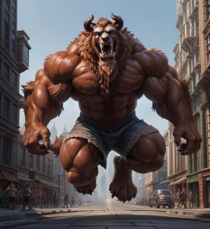 A photorealistic image of the Beast from the movie Beauty and the Beast, super muscular giant, with muscular arms, broad shoulders, giant and toned physique, bursting muscular veins, blue eyes, tail, super furry brown fur, backward facing horns, with veins jumping, barefoot, 50 meter tall supergiant in the center of a city, Lora:, full height. 4K, high resolution, best quality, (strong pecs, big defined muscles, muscular shoulders), correct anatomy, (by Wfa:1.0), (by Takemoto Arashi:1.0), (by Taran Fiddler:0.5), sensual, (shorts red, topless), sensual shadows, slender posture, open mouth, exposed tongue, open eyes:1, detailed eyes