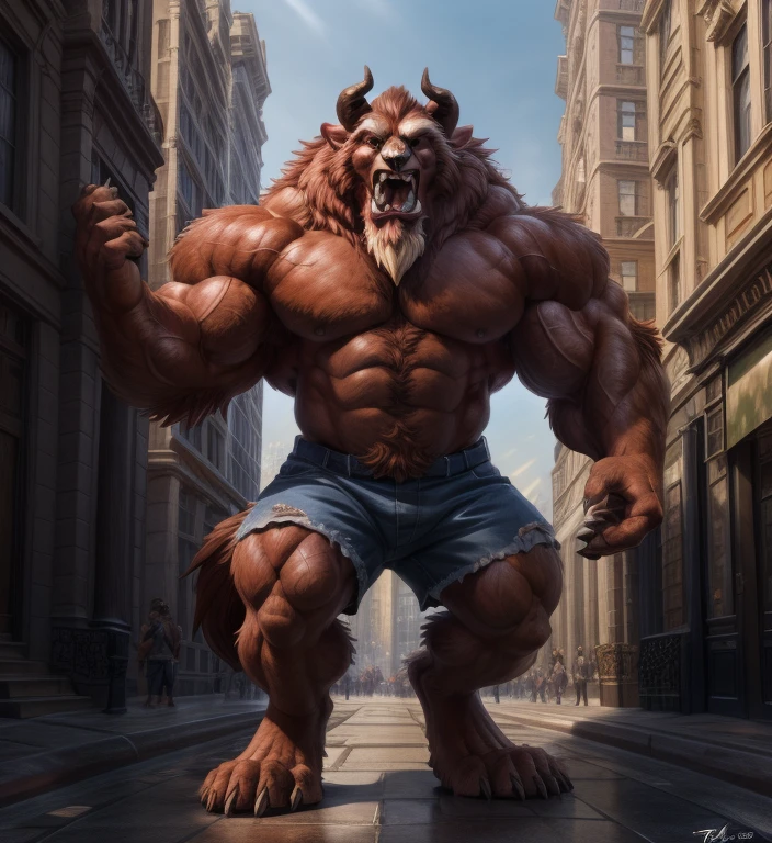 A photorealistic image of the Beast from the movie Beauty and the Beast, super muscular giant, with muscular arms, broad shoulders, giant and toned physique, bursting muscular veins, blue eyes, tail, super furry brown fur, backward facing horns, with veins jumping, barefoot, 50 meter tall supergiant in the center of a city, Lora:, full height. 4K, high resolution, best quality, (strong pecs, big defined muscles, muscular shoulders), correct anatomy, (by Wfa:1.0), (by Takemoto Arashi:1.0), (by Taran Fiddler:0.5), sensual, (shorts red, topless), sensual shadows, slender posture, open mouth, exposed tongue, open eyes:1, detailed eyes