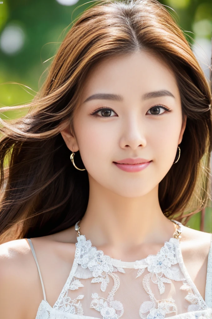 (highest quality, High resolution, masterpiece:1.3), 1 young japanese woman, Slender figure beauty, (smooth and delicate and pale skin), Small face, Breast enhancement, loose curled long brunette with highlights, Precisely expresses details such as face and skin texture, Dark brown eyebrows are slightly rounded shape, Droopy moist eyes with dilated pupils and large irises, double eyelid, thick plump and shiny big lips, smile, Perfect natural makeup, (lace dress), simple earring and simplenecklace, photo from the shoulder up, A person in the center left and right, The whole head is shown, Professional cinematic lighting