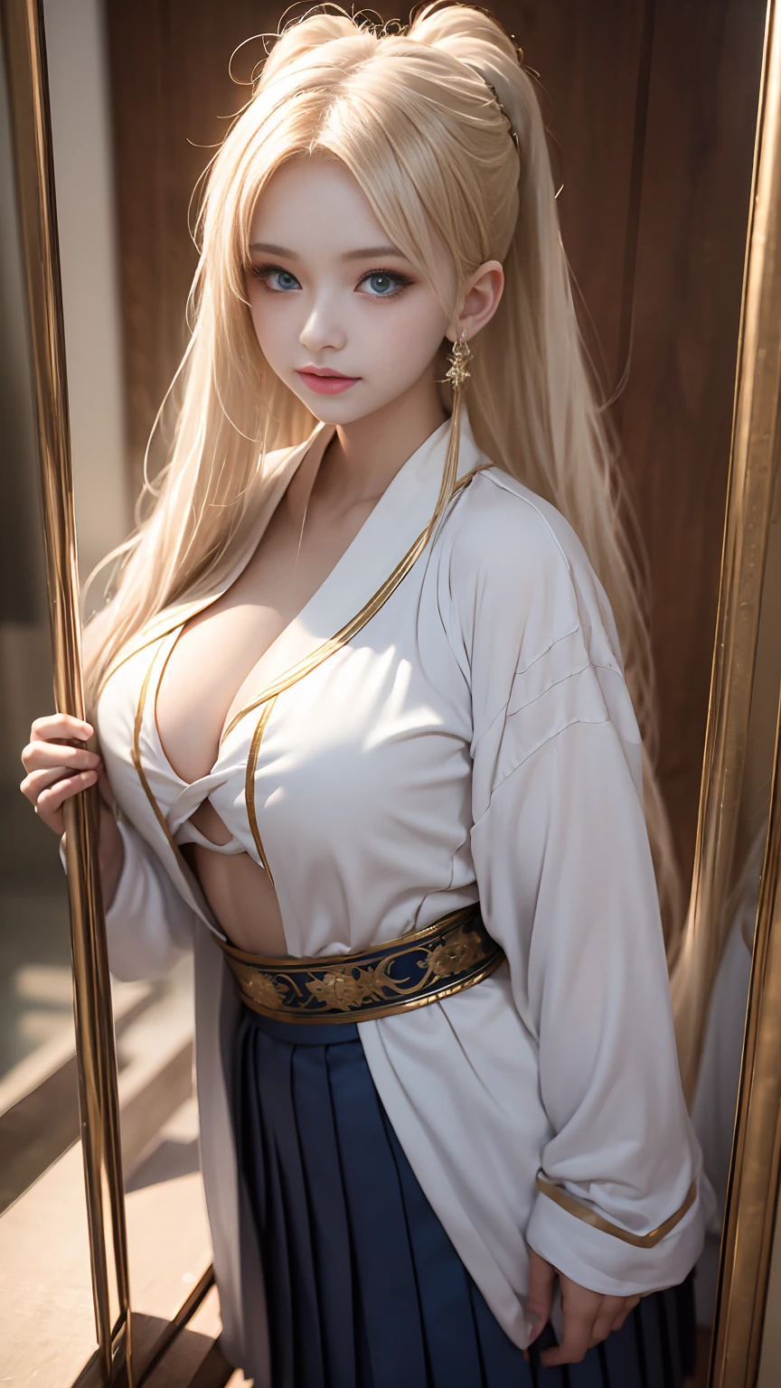 Bright expression、ponytail、Younger, brighter, whiter skin、Best Looks、Blonde reflection、Platinum blonde hair with dazzling highlights、Shiny bright hair,、Super long, silky straight hair、Shiny beautiful bangs、Sparkling, clear, attractive big blue eyes、A very beautiful, lovely and cute 16 year old girl、((Big and ample breasts)), Beautiful fine details, Beautifully detailed nose,(( whole body:1.25)),Makeup that emphasizes the eyes、((A pleated skirt with lots of folds:1.3)),(A woman like Joan of Arc:1.3)、(Bathrobes:1.3)、knight, (Take your sword and shield:1.2),Royal Style,Comic book style, , Scattered beneath the surface, Glamorous decoration, Nature background, Surreal, Cinematic, Dramatic lighting, Tabletop、(Decorated armor)、(Wear an aura:1.5)、Circlet、((Princess Night))、Frills、Valkyrie、knight、((onmyoji:1.5))、