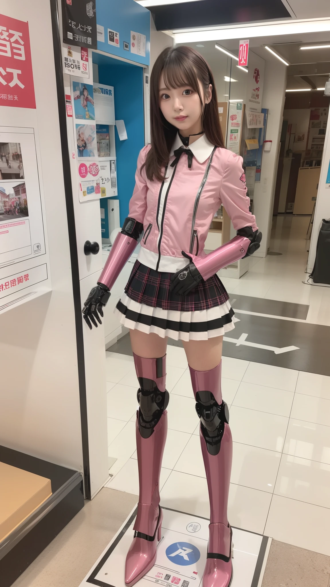 Costume like a idol, Pink and white half sleeve Jacket, White pleated skirt, robot