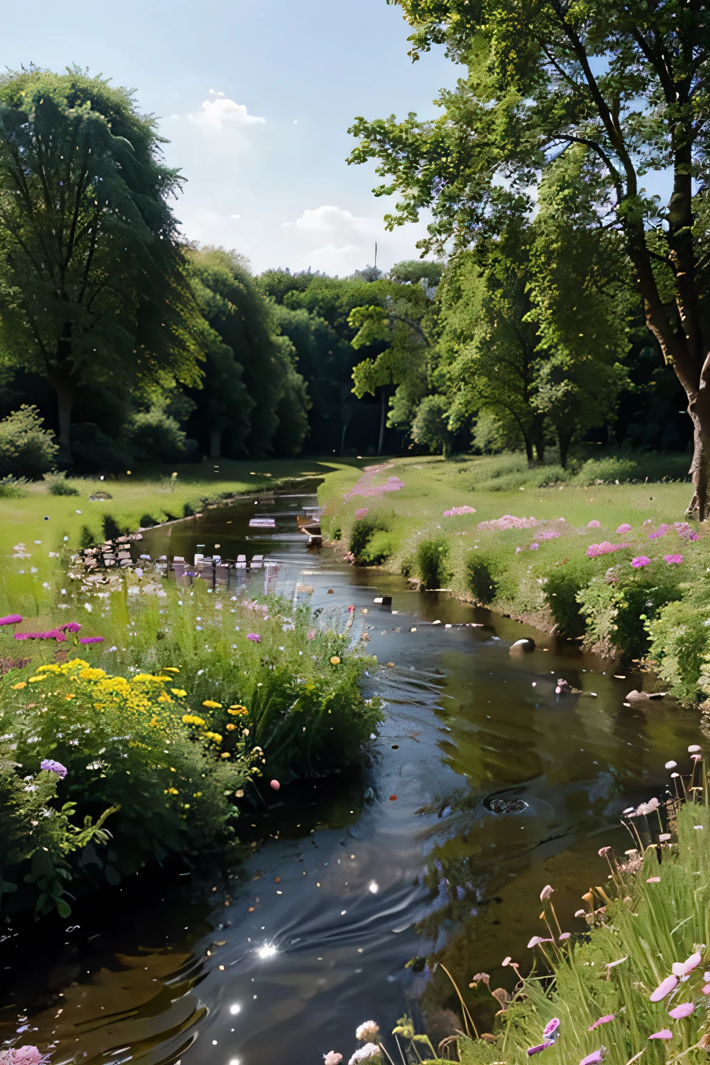 Wiese mit vielen Blumen, some trees and a stream.