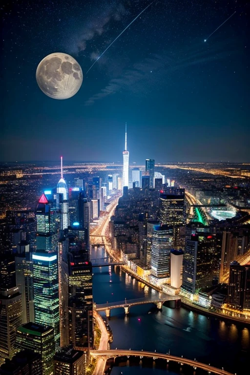 Wonderful landscape、highest quality、Cityscape、Including sky、Starry Sky、night、Big Moon、Moonlit cityscape、building、There are no people