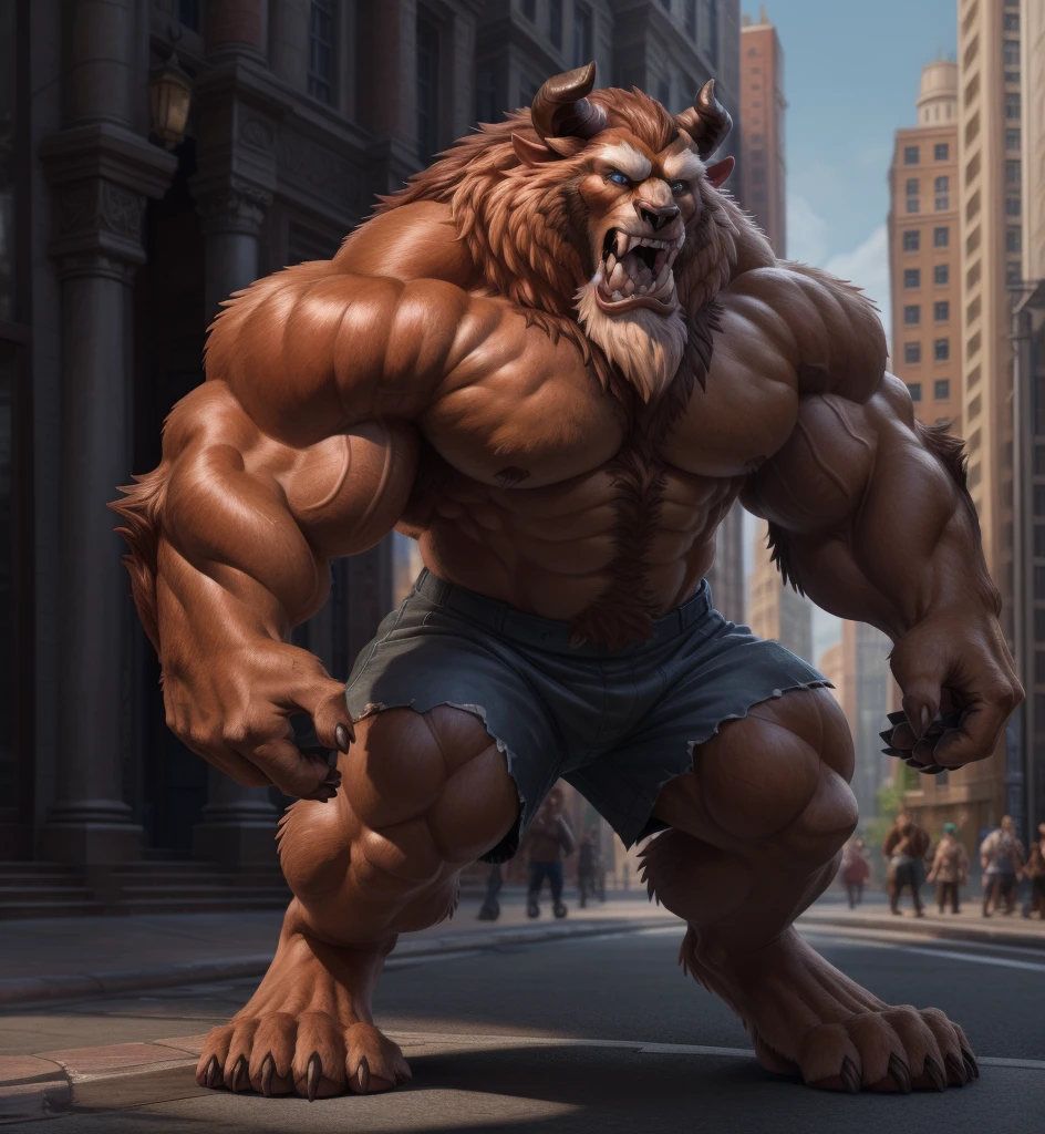 A photorealistic image of the Beast from the movie Beauty and the Beast, super muscular giant, with muscular arms, broad shoulders, giant and toned physique, bursting muscular veins, blue eyes, tail, super furry brown fur, backward facing horns, with veins jumping, barefoot, 50 meter tall supergiant in the center of a city, Lora:, full height. 4K, high resolution, best quality, (strong pecs, big defined muscles, muscular shoulders), correct anatomy, (by Wfa:1.0), (by Takemoto Arashi:1.0), (by Taran Fiddler:0.5), sensual, (shorts red, topless), sensual shadows, slender posture, open mouth, exposed tongue, open eyes:1, detailed eyes