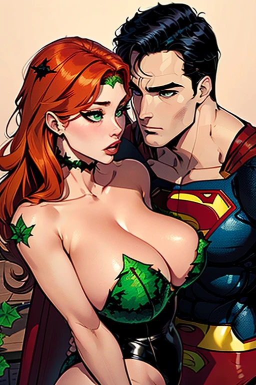 (((Poison Ivy))), (((Superman))), High quality, best quality, masterpiece, (1boy1 1girl), (hetero:1.5), mature woman, curves, long wavy redhead hair, green eyes. cleavage. (((woman wearing strapless black leotard))), woman with ahegao face