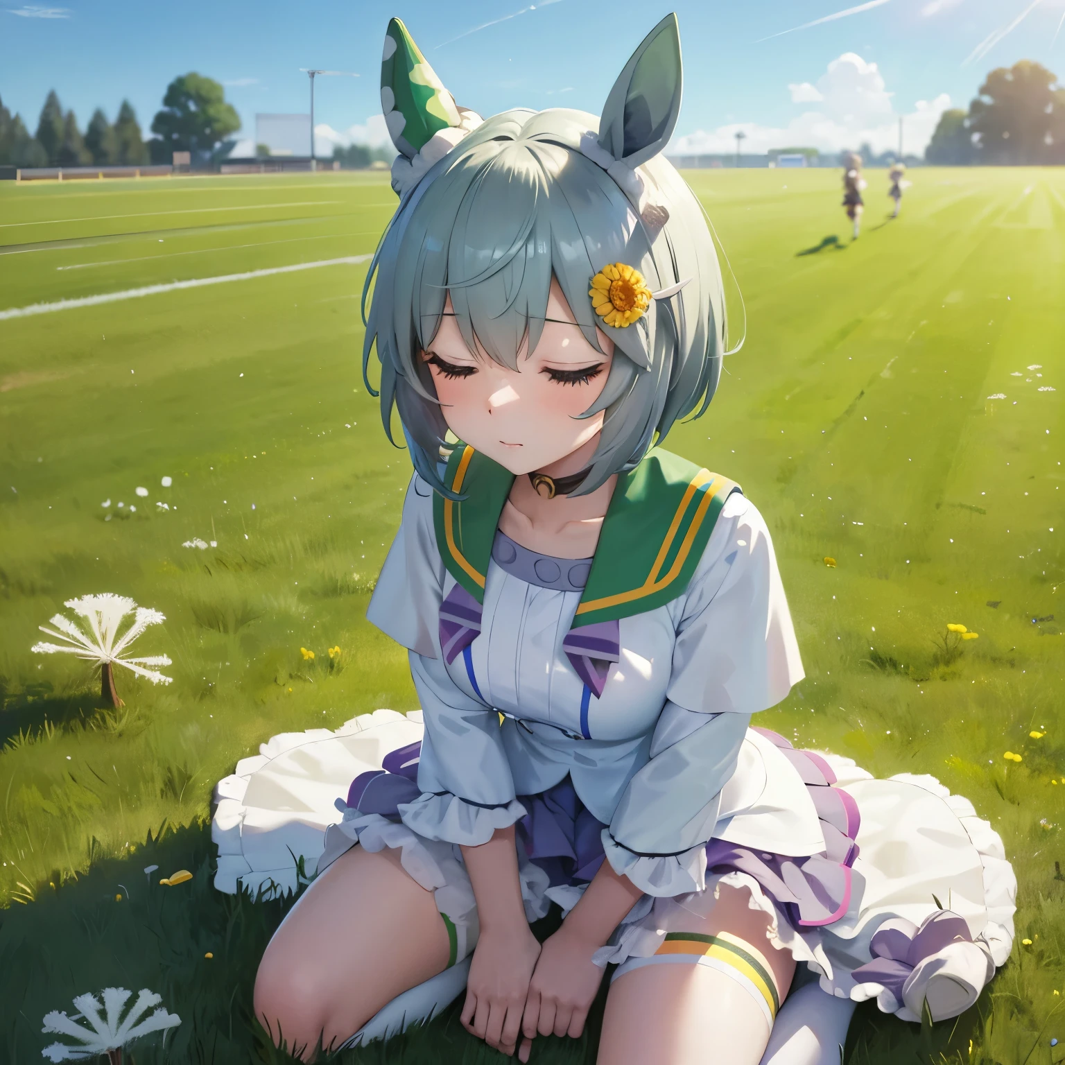 Seiun Sky | Uma Musume: Pretty Derby,horse ear,grassy ground,afternoon,sleeping,dandelion hair clip,lay on the ground, competition uniform
