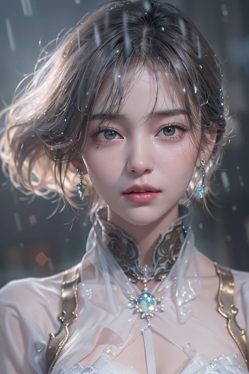 (masterpiece:1.3), (8k, Photorealistic, Raw photo, Best image quality: 1.4), Fair-skinned fairy woman、Long Haircut、Cleavage:2.0、Super detailed face、Attention to detail、double eyelid、Put your chest together、Sharp focus:1.2、Beautiful woman:1.4、Silvery white hair、highest quality、masterpiece、超A high resolution、(Photorealistic:1.4)、Highly detailed and professionally lit smile、Loose, light, Shoulder out、thin、Serious expression、Short-haired、Deadly position, gorgeous accessories, one person (RAW shooting, Photoreal:1.5, 8K, highest quality, masterpiece, ultra high resolution), (((heavy snow))), perfect dynamic composition:1.2, (In front of a city building at night in a modern city, expression of sadness:0.9, Tears are flowing:0.9, cry with a broken heart:0.9), Highly detailed skin and facial textures:1.2, Slim office lady wet in the rain:1.3, Fair skin:1.2, sexy beauty:1.1, perfect style:1.2, beautiful and aesthetic:1.1, very beautiful face:1.2, water droplets on the skin, (rain drips all over my body:1.2, wet body:1.2, wet hair:1.3), (Holding a wet bouquet:1.2, Wearing a wet white blouse correctly:1.35), (Medium chest, Bra is transparent, Chest gap), (Eyes that feel beautiful eros:1.0), (Too erotic:0.9, Bewitching:0.9), necklace, earrings, bracelet