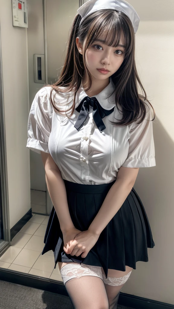 muste piece, best quality, illustration, Super detailed, fine details, High resolution, 8K,wall paper, perfect dynamic composition,(Details High quality, realistic depiction of eyes:1.3), Hospital Rooms、White nurse cap、White tights、White nurse uniform、to stand、Hand skirt、Flipping up a white skirt, low ponytail, large breasts,short bob hair, black hair color, Big Natural Color Lip, bold sexy pose, crying a little、cold gaze, Harajuku style、20 year old girl、cute type、lolita、beautiful legs, hposing Gravure Idol