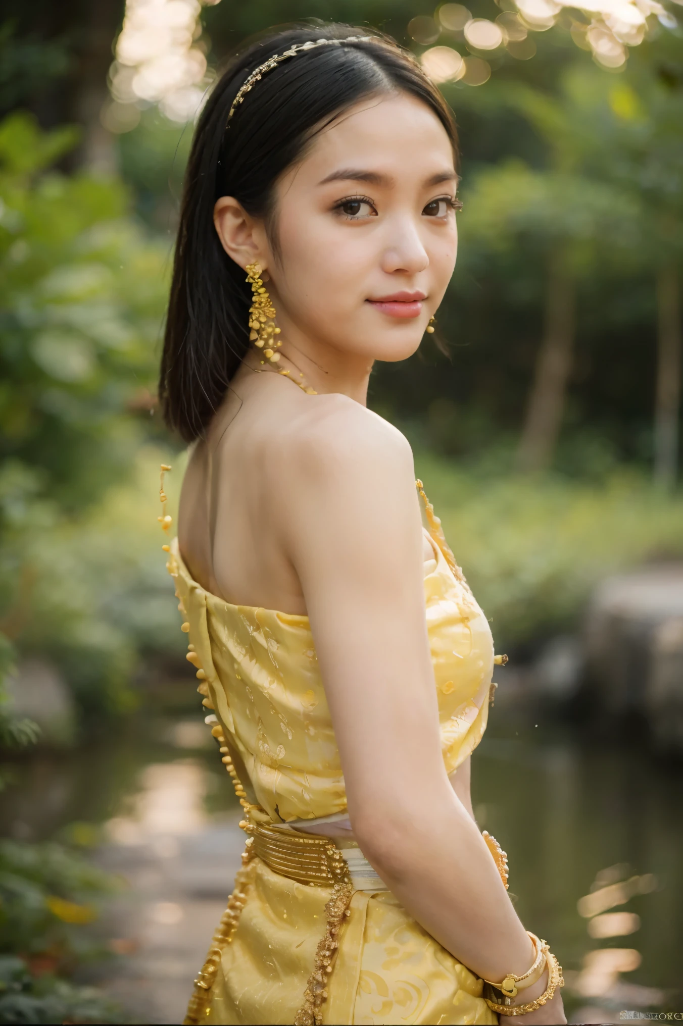 beautiful girl ,Thai Women&#39;s Warriors, walking at thai measure, dynamic poses, Thai Chut Set, Strapless shirt, long hair,black eyes,abdominal muscles, plump body, rounded chest, (big breast:1.2), rift, morning sun, staring at the audience, (sexy poses), ((face details)), Double eyelids, finished, realistic, Masterpiece, Highest quality, lens flare, shade, old measure, measure, [[Chromatic aberration]], By Jeremy Lipking, By Antonio J.. Manzanedo, digital painting, HDR, high contrast
