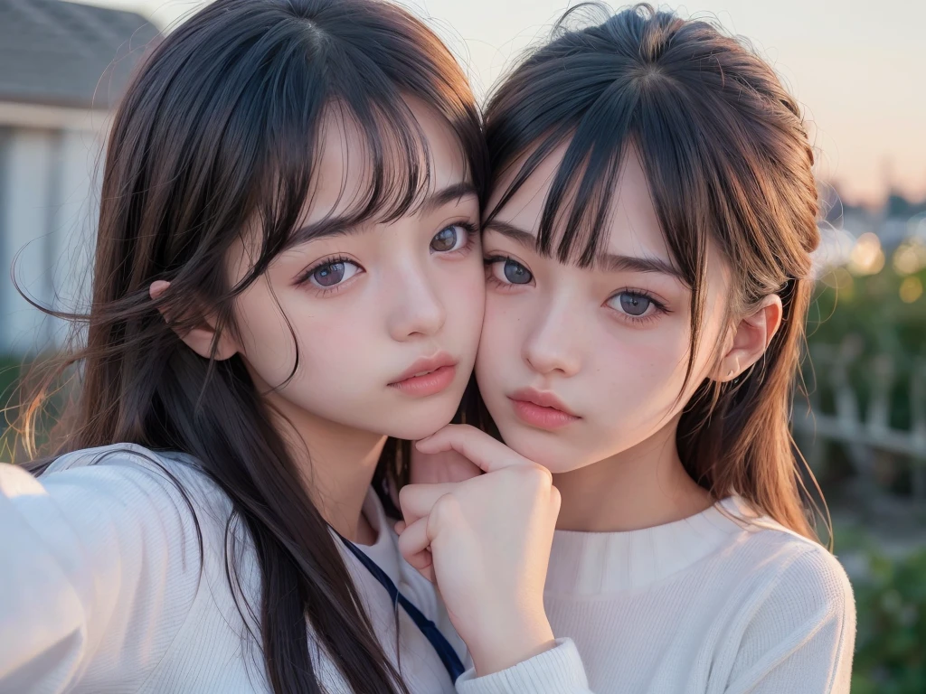 ((2 girls are looking towards for front)), 8k, RAW photo, best quality, nsfw, (masterpiece:1.2), ultra detailed, ultra high res, (realistic, photo realistic:1.37), absurdres:1.5, extremely detailed, 8k wallpaper, huge file size, extremely detailed beautiful girl, extremely detailed face, extremely detailed eyes, extremely detailed skin, extremely detailed fingers, extremely detailed nose, extremely detailed mouth, perfect hands, perfect fingers, perfect anatomy, highly detailed background, extremely detailed clothing, (:1.6), teenage, cutrl, famous japanese idol, kawaii, (big breasts:1.2), realistic body, fair skin, slender body, good figure, Extra Long Hair, looking at viewer, sailor uniform, (extreme close up:1.0), ((frontal face)), front view, heart-shaped pupils, (((incoming kiss:1.0))), (((thin eyebrows))), (nose blush), (embarrassed:1.2), (no makeup),((((face to face:1.0)))), ((((dreamy eyes))))
