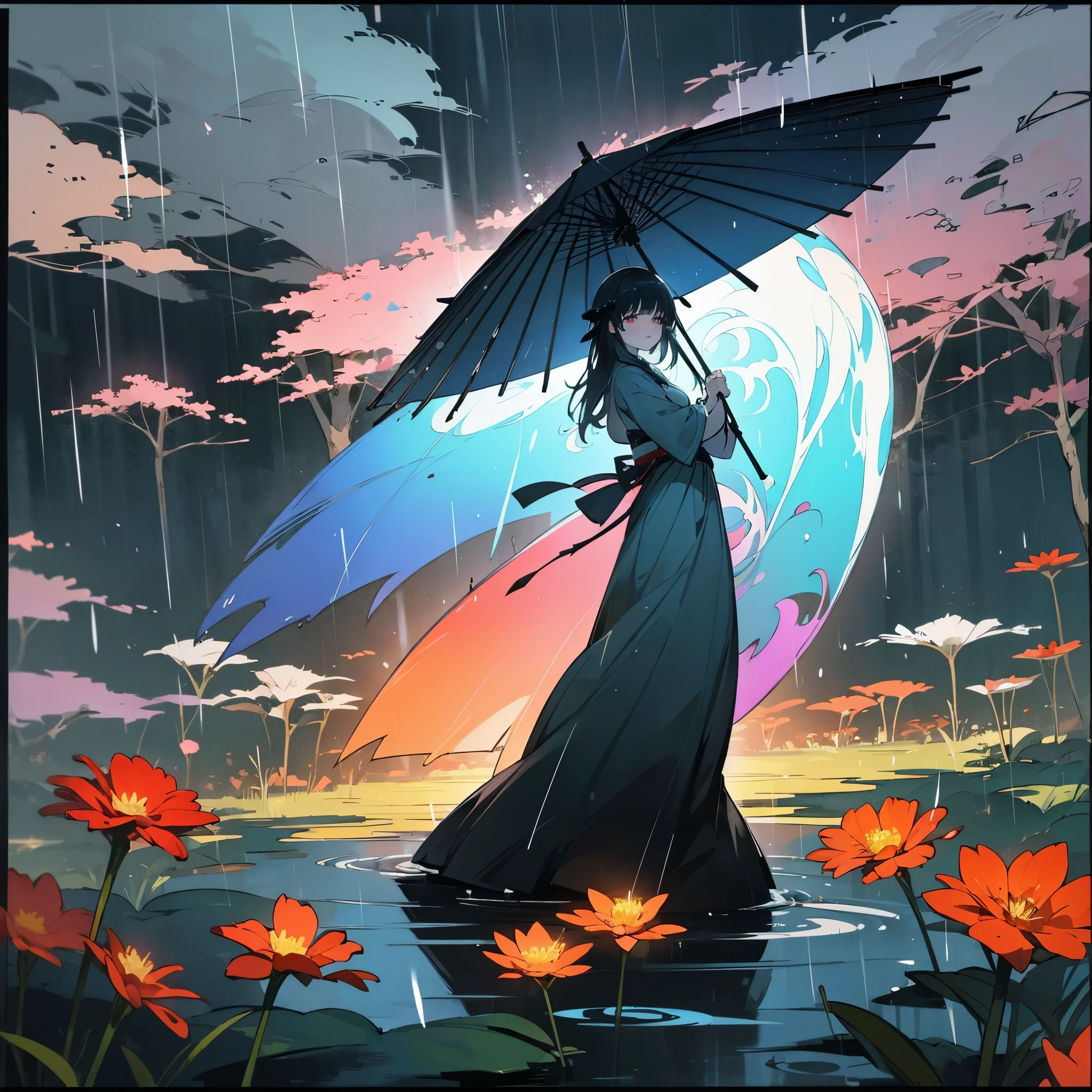 A black, fantastical rain pours down、A sense of despair hangs over me。The figure wearing traditional Japanese clothing、Dancing on the border ween life and deae scenery where flowers bloom、Beautifully colored with psychedelic colors、A poetic silence。