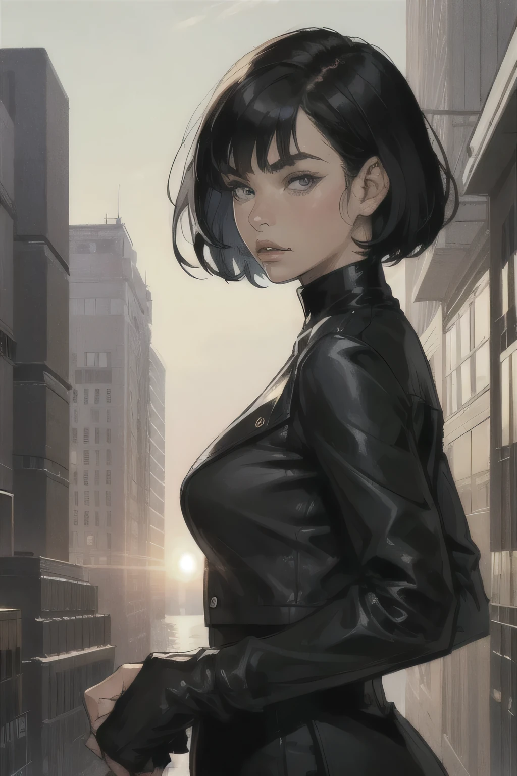 beatiful girl, black short hair, blue eyes, wears black turtle neck, and a black leather jacket. perfect face (young adult woman look) (beautiful detailed face) (Expression focused) (high quality) (high quality picture) Looking back, on a quiet city, and the sun rising( high quality background)