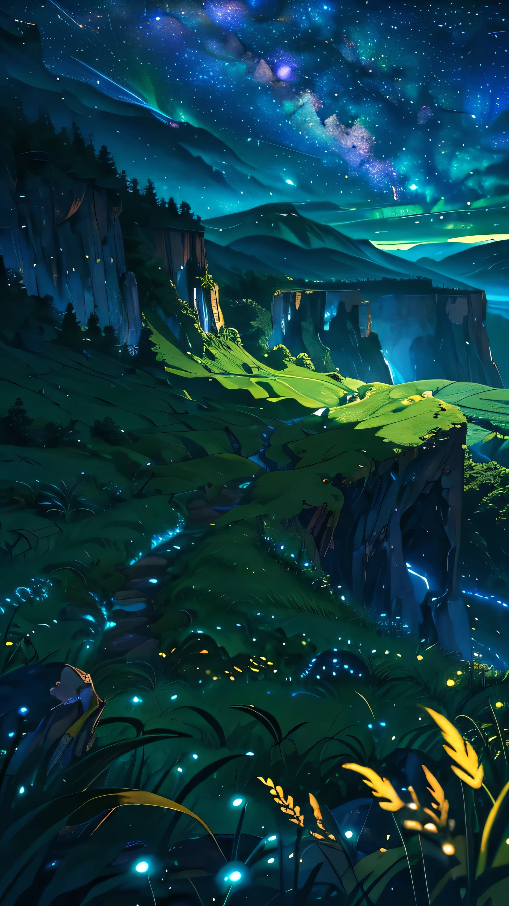 Vast green land, Strange literature, Bright colors, The starry sky is dotted, Various harmonious clouds, Overlooking steep cliffs, large mountains, Forest grass, lush, Strong perspective, Strong depth, Strong sense of depth and proximity, Strange graphics, Strong impact, Strong sense of color and light and dark impact，Strong light feeling，Photographic views