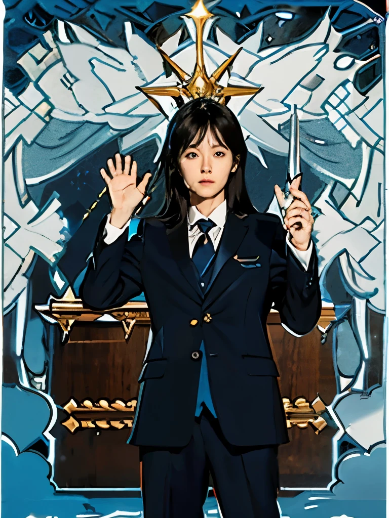 (The main tone is dark blue in the courtroom at night)A man with black hair and a 3:7 split part wearing a suit,A hand raised to strike the hammer。Serious look,The other hand holds a staff。The light energy emanates from the surrounding。