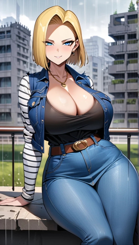 best quality, high-res, and18, 1girl, android 18, solo, blonde hair, blue eyes, belt, tight blue demin skirt, gold necklace, black shirt, short hair, long sleeves, striped sleeves, earrings, open vest, blue denim vest, massive breasts, cowboy shot, city park, straight-on, (weather: raining), sitting, full length pantyhose, battle ruins, very wide hips, torn clothes, sultry smile, deep cleavage, massive wide round ass, chubby belly, sexy curvy chubby motherly body, slight blushing,