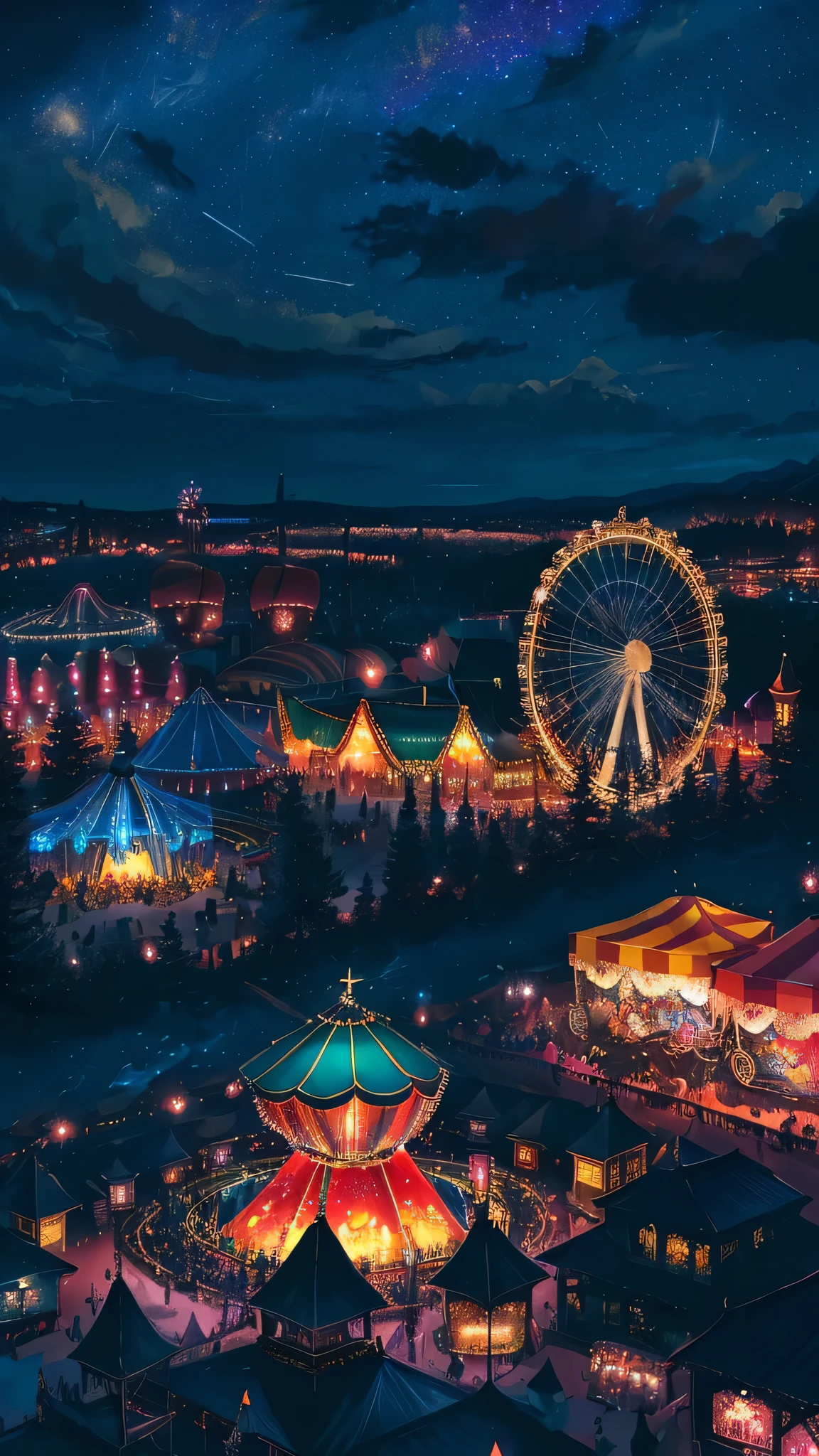 A magical landscape of night circus and carnival going on with giant ferris wheels, tents and night sky scenery