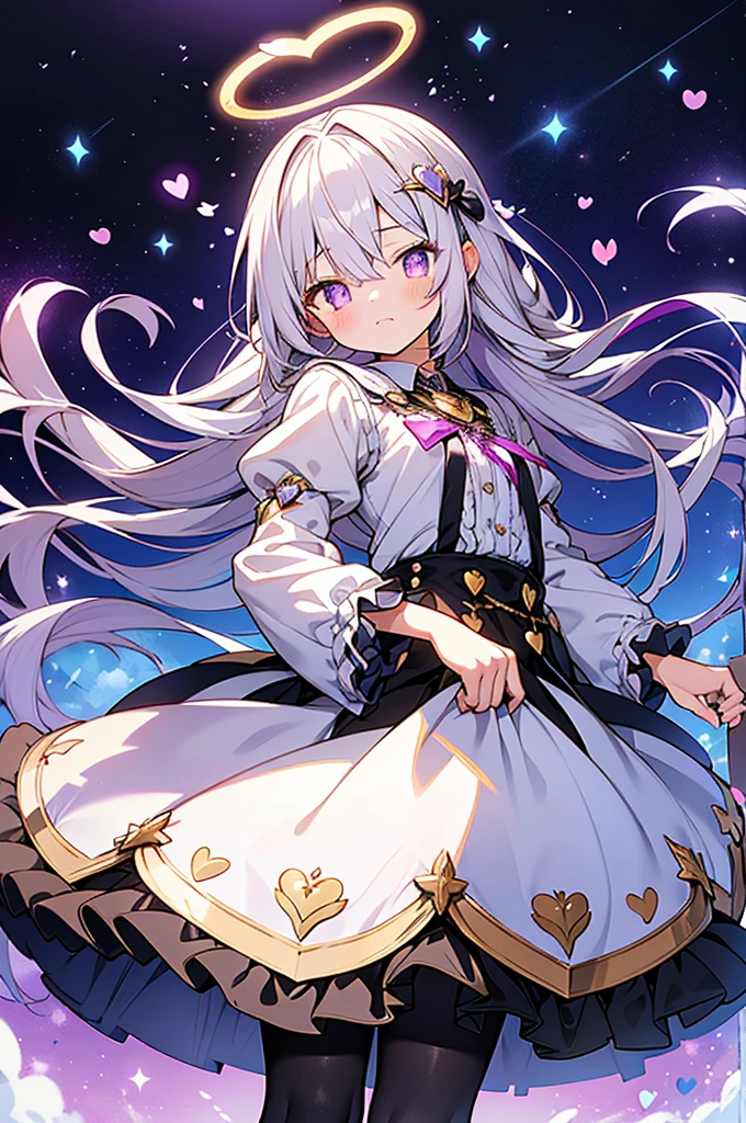 beautiful anime style,ultra hyper cute shota,((halo,glowing heart-shaped halo)),magical beret with ribbon,frilly magical girl black dress,silverish purple long hair,gold eyes,hyper beautiful effect,suspender skirt,black pantyhose,boy body and girl face,magical young shota,from below,