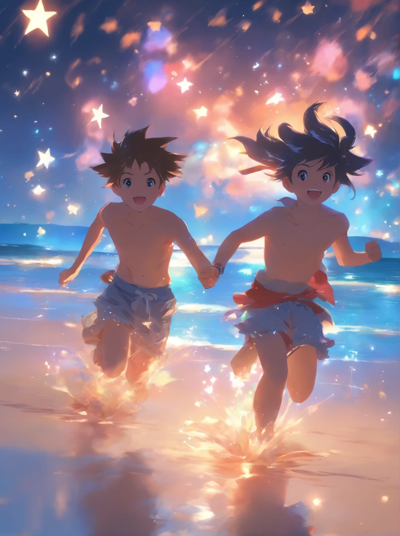 painting of children running on the beach with stars in the sky, concept art by Yanjun Cheng, pixiv, conceptual art, reflections. by makoto shinkai, expressing joy. by krenz cushart, by makoto shinkai, guweiz on pixiv artstation, guweiz on artstation pixiv