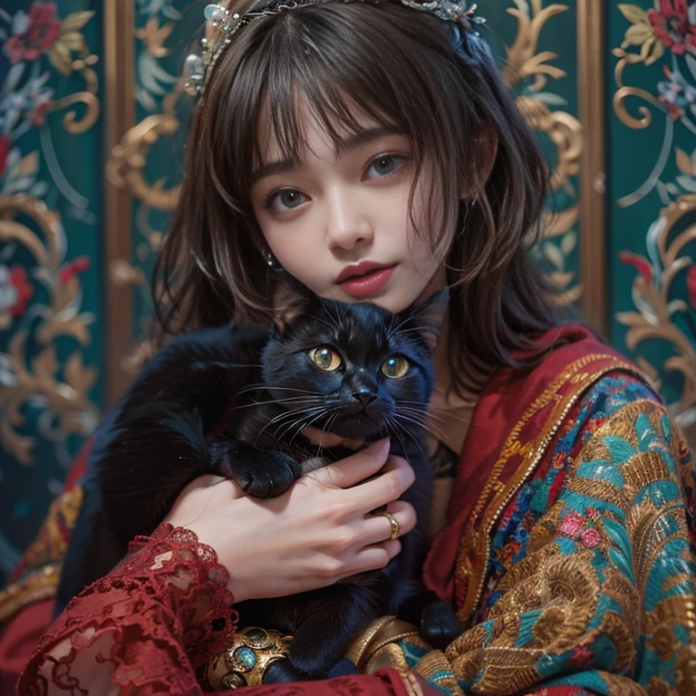 23 years old^ ^、Glossy winter ornaments),highres,sharp focus,(ultra detailed,extremely detailed),(photorealistic artwork:1.37),(extremely detailed CG unity 8k wallpaper),(((vibrant colors,vibrant theme))),(intricate),(masterpiece),(best quality),artistic photography,(photography taken by sldr),(intricate background),perfect rendered face,perfect face details,realistic face,photo realistic,analog style,((intricate detail)),(((realism))), holding her pet, black cat, 1 cat and 1 girl
