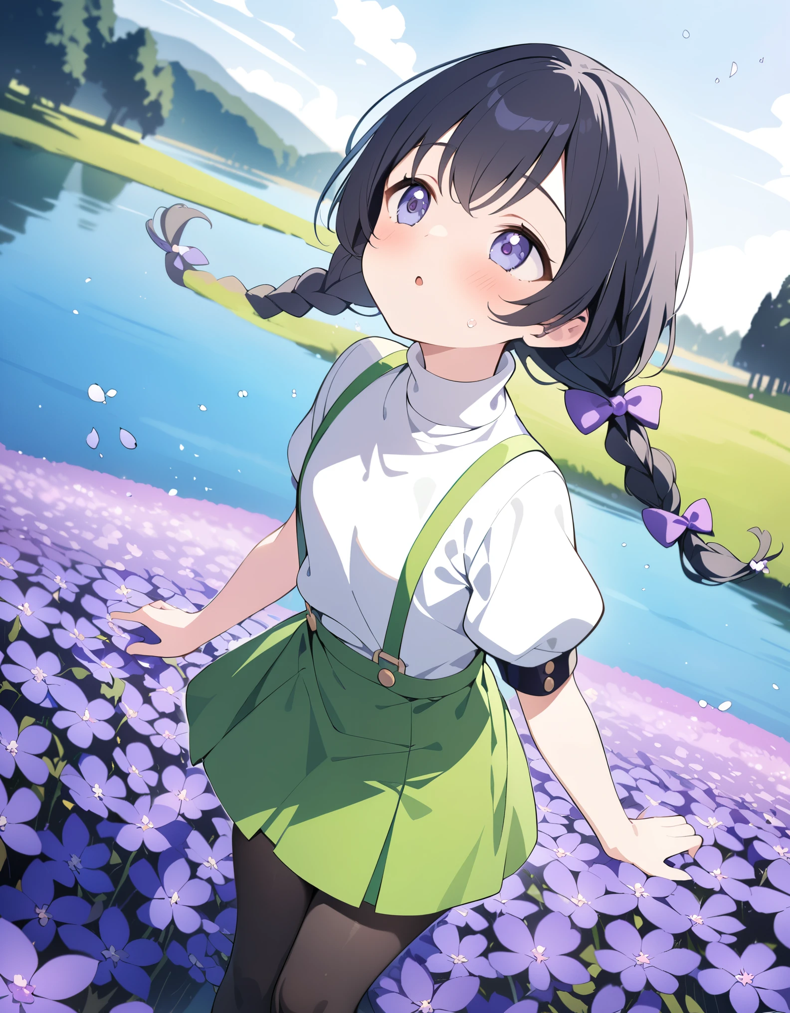best quality, masterpiece, ultra resolution, super details, anatomically correct, 1 girl, full body, junior child, (black hair:1.2), high quality eyes, high quality hands, (thin braids:1.4), (hair bows:1.3), (short hair:1.5), (white turtleneck:1.5), short sleeve, (bubble sleeves:1.2), (green skirt:1.5), (green suspenders:1.5), (black pantyhose:1.5), mary janes, (delighted expression:1.3), (tilting up), (looking up:1.2), (purple flower field beside a lake:1.3), flying flower flakes, high quality background, depth of field, dutch angle