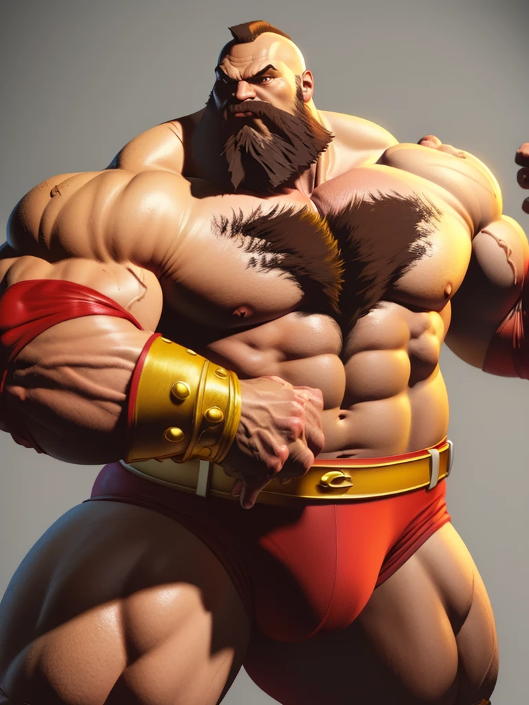 zangief,a man with a beard and a yellow belt, fighting game character, street fighter 5,muscled humanoid,heavy looking,buff man,wrestler,Red briefs,capcom,street fighter,shirtless,muscular male,chest hair,visually weighty,bearded man,mohawk hair,best quality