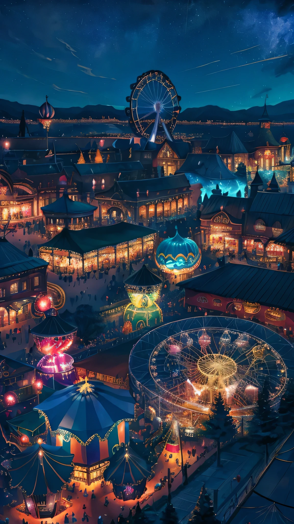 A magical landscape of night circus and carnival going on with giant ferris wheels, tents and night sky scenery 