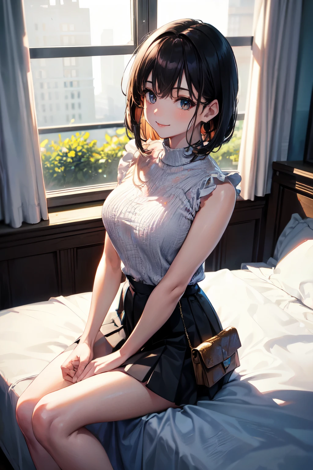 very cute and beautiful girl,(highly detailed beautiful face), sitting on bed sheet,brown sleeveless knit,looking at viewer,(smile),black hair,pleated white mini skirt, fashion bag,pouch, antique hotel bedroom,window,distant trees and town, (best quality,masterpiece),absurdres,highres,ultra-detailed,extremely detailed,32k,8k resolution, intricate details,cinematic scene,detailed background,solo,dynamic angle,