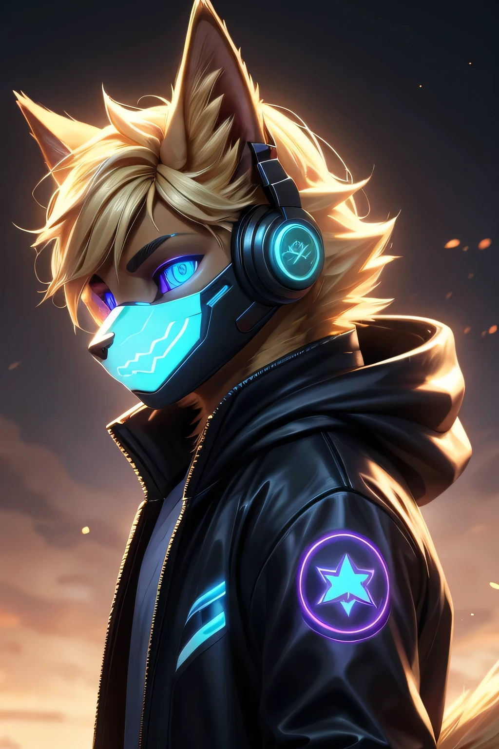 Young werewolf, gold fur, wearing a black jacket with neon details, sporting a cybernetic mask, with gamer headphones, profile picture, Close-up on the facehigh quality, digital art, drawing, HD 4k fotorealistisch, ((clear structural details)), Meticulous and realistic (Turquoise blue pupils), ((purple glowing eyes)), Evil smile, Smile, slenderness, soft, 4K, Excellent quality, high detal, Detailed fur, ((The tail is in the right place) ,Light blue shirt。Two ears,Blonde hair,whole body,Standing,Look kind