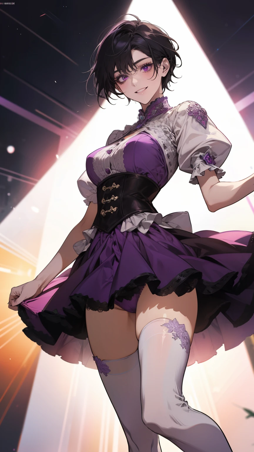 highest quality、Female 1,22 years old，All limbs、Perfect limbs、Accurate anatomy、Detailed depiction，Super beautiful woman，Slender beauty、short hair、Black Hair、Purple Eyes，Pink Cheeks,Beautiful Skin，White and purple idol costume、Dark purple panties、Knee-high socks、Beautiful big breasts、Exposed thighs，Live Stage、sing、Dancing、(Provocative smile)，The white spotlight shines on her.