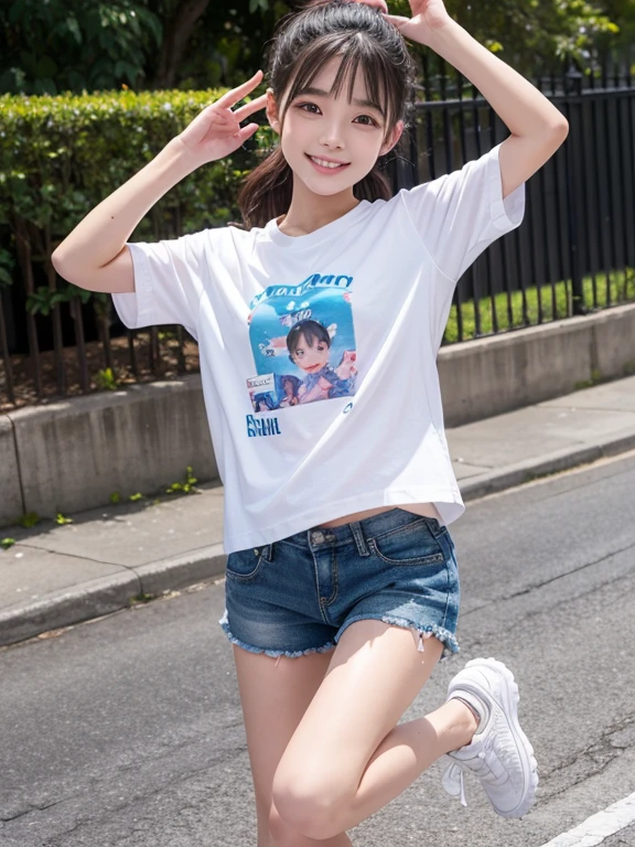 A man wearing shorts,Wear waterproof smooth sneakers,Smiling little girl in t-shirt,White wind