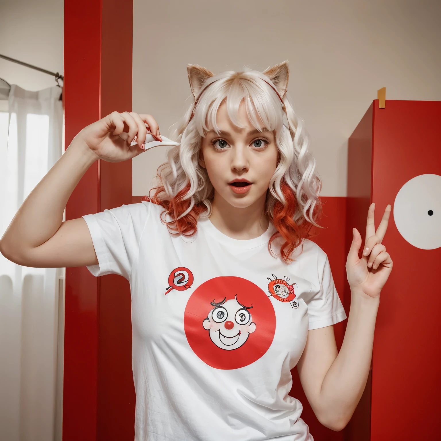 Funny character face . Hair is curly, t shirt colour is white and red, hair colour red, eyes are big and funny, nose is funny,ears are in shape of circle, hands and legs and fingers are like stick