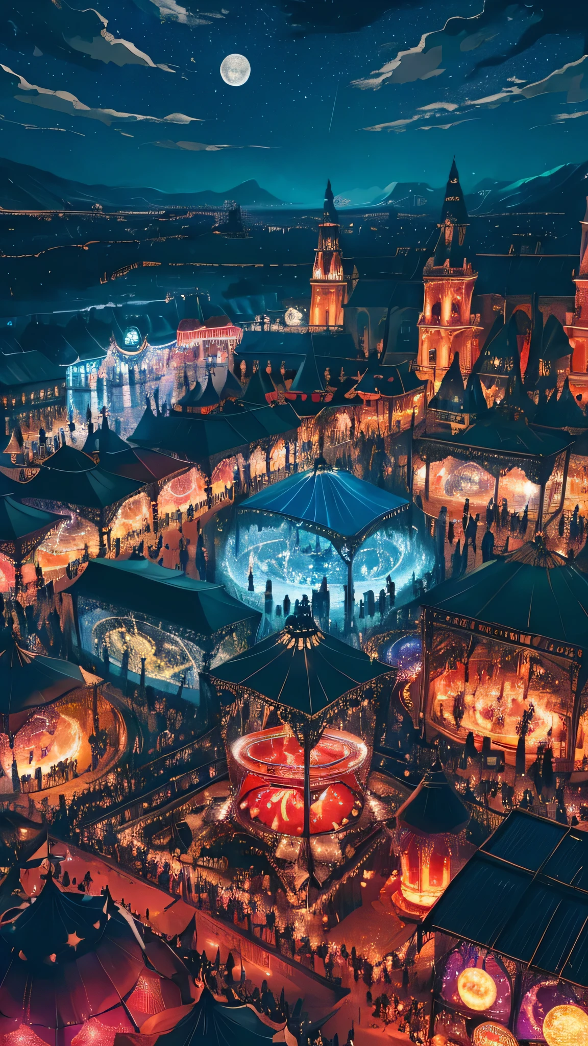 A magical landscape of night circus and carnival going on with giant ferris wheels, tents and full moon night sky