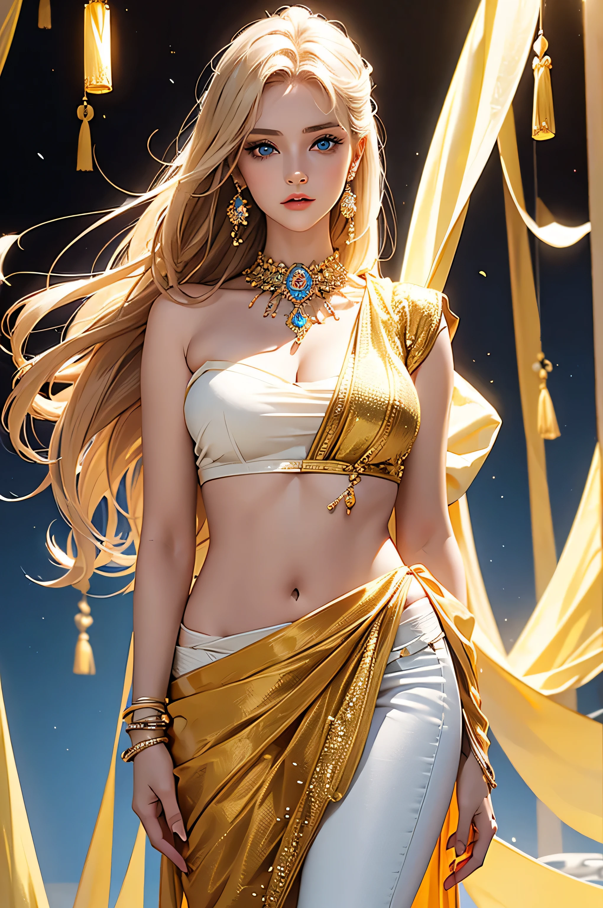 russian beautiful girl in golden and white saree, small cleavage line, medium breast, beautiful blue eyes, black jeggings, puffy, saree, blouse
