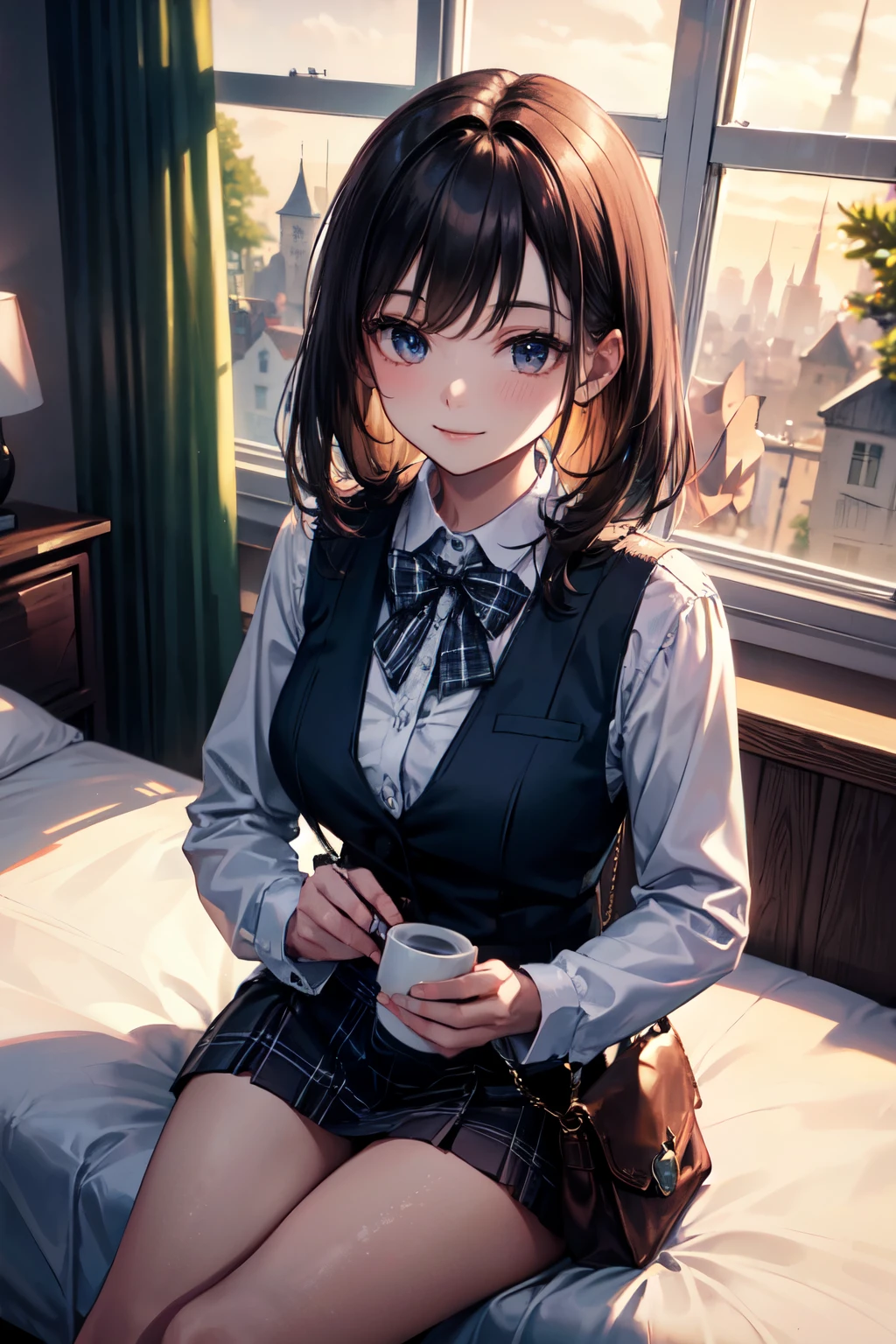 very cute and beautiful girl,(highly detailed beautiful face and eyes),
sitting on bed sheet,long sleeve white blouse,plaid vest,looking at viewer,(smile),black hair,pleated gray mini skirt,
fashion bag,pouch,
antique hotel bedroom,window,distant trees and town,
(best quality,masterpiece),absurdres,highres,ultra-detailed,extremely detailed,32k,8k resolution,
intricate details,cinematic scene,detailed background,solo,dynamic angle,