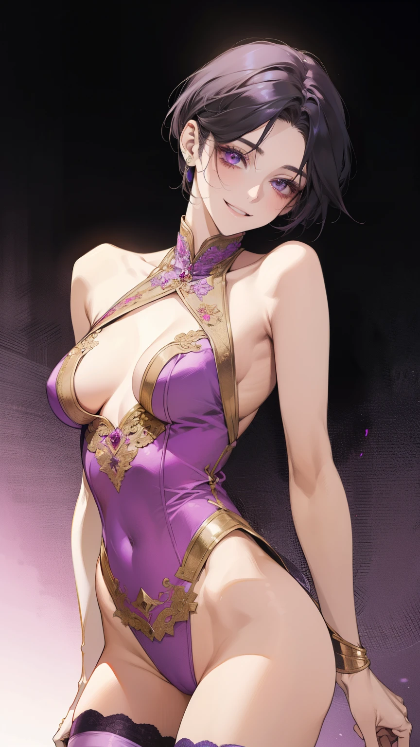 highest quality、Female 1,22 years old,All limbs、Perfect limbs、Accurate anatomy、Detailed depiction,Super beautiful woman,Slender beauty、short hair、Black Hair、Purple Eyes,Pink Cheeks,Beautiful Skin,White and purple idol costume、Dark purple panties、Knee-high socks、Beautiful big breasts、Exposed thighs,Live Stage、sing、Dancing、(Provocative smile),The pink spotlight shines on her.
