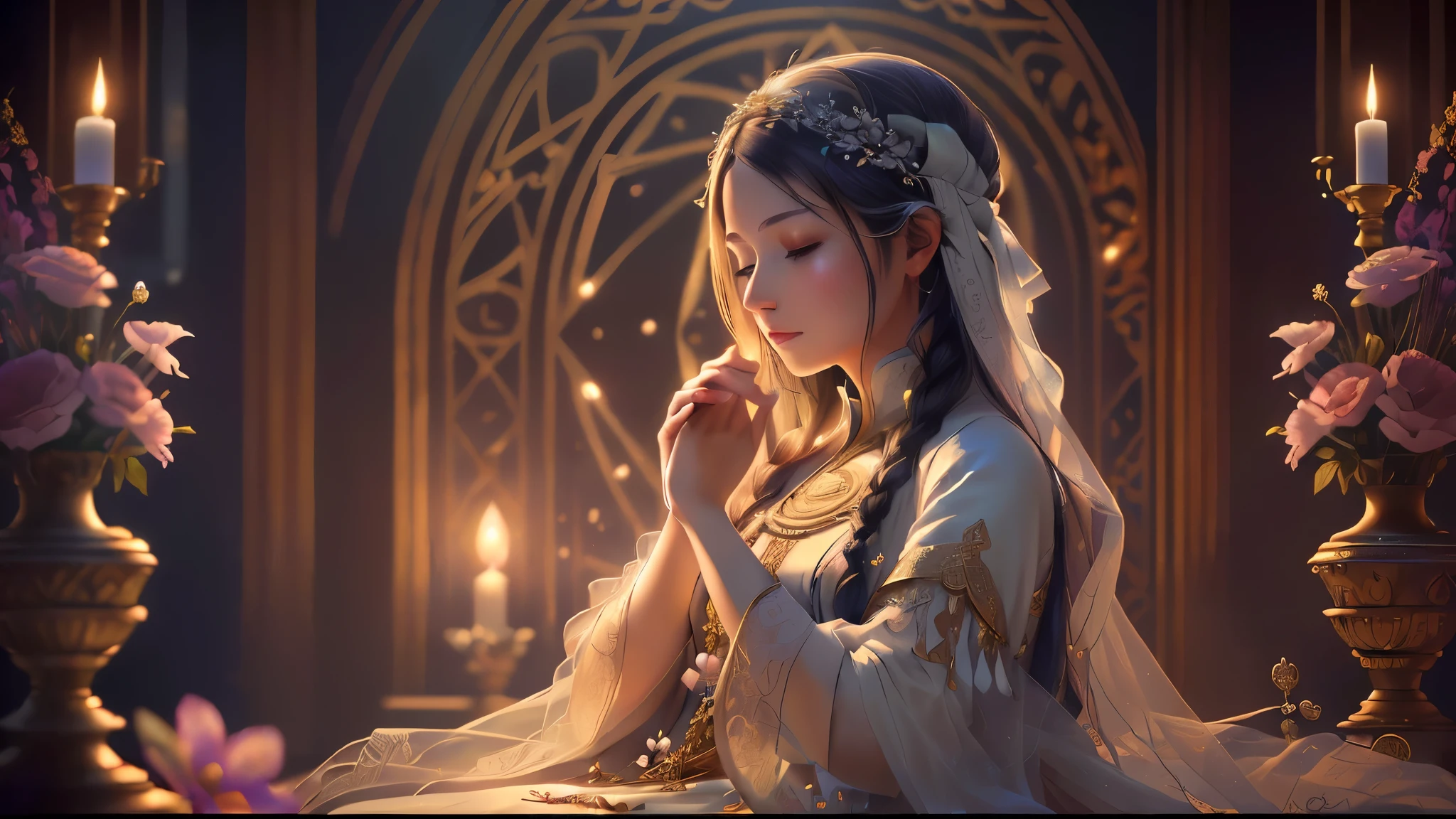 A woman in a white dress is sitting in a room with candles, palace ， Girl in Hanfu, artwork in the style of Gweitz, 8k high quality detailed art, Gweitz on artstation pixiv, Gweitz, Gweitz on pixiv artstation, Highly detailed digital art in 4K, Gweitz masterpiece