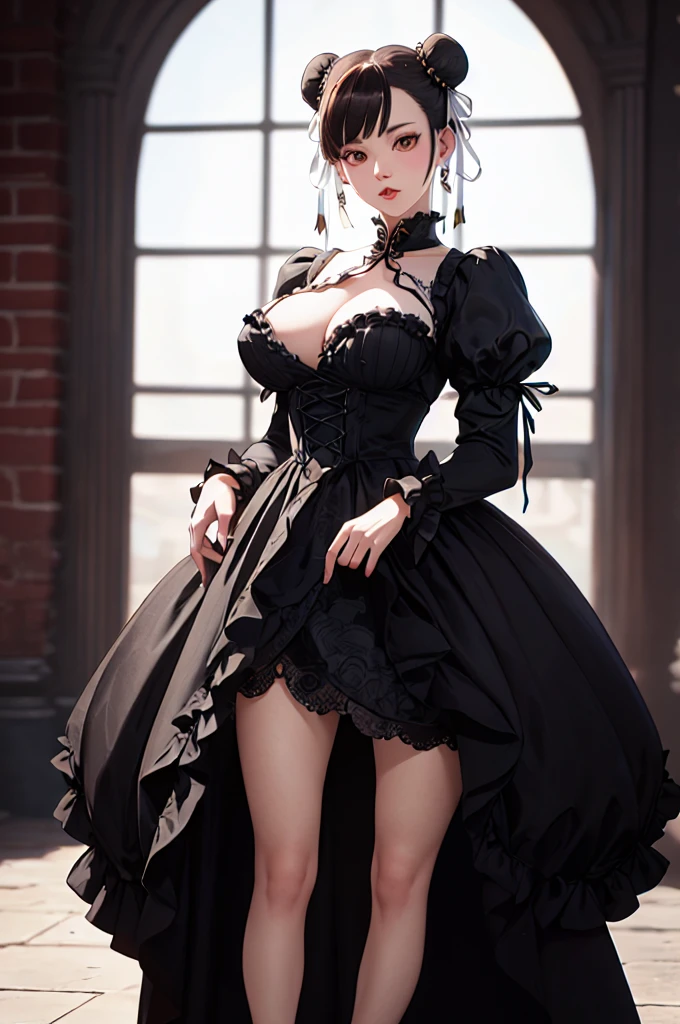 (vivid colors,ultra-detailed),(best quality,realistic:1.37)chun li as a Victorian goth girl in a dark Victorian era backdrop, full body, reimagined