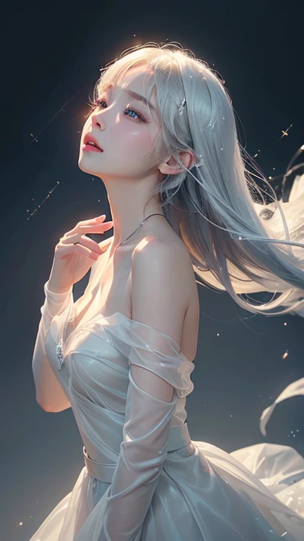 White background、Professional Lighting、(((Professional Lighting 1.5)))、Translucent skin texture、Transparent skin、Beautiful Skin、、Off the shoulder、White dress、Ecstasy of Musical Notes、