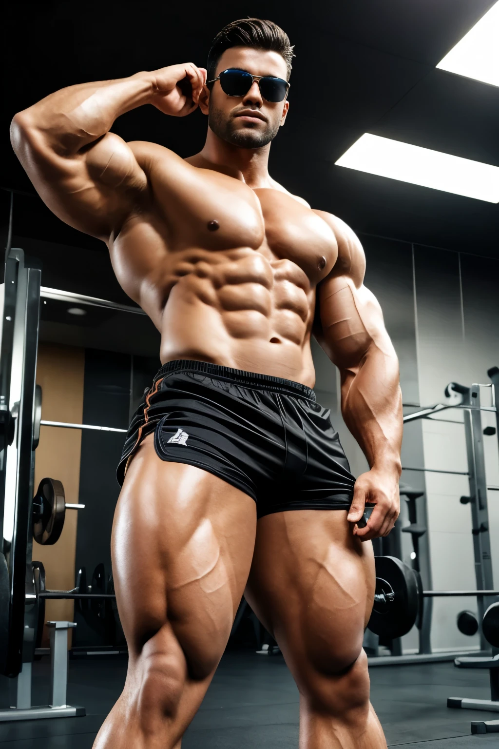 (masterpiece), best quality, muscular body, bodybuilder,glases, wearing only black shorts