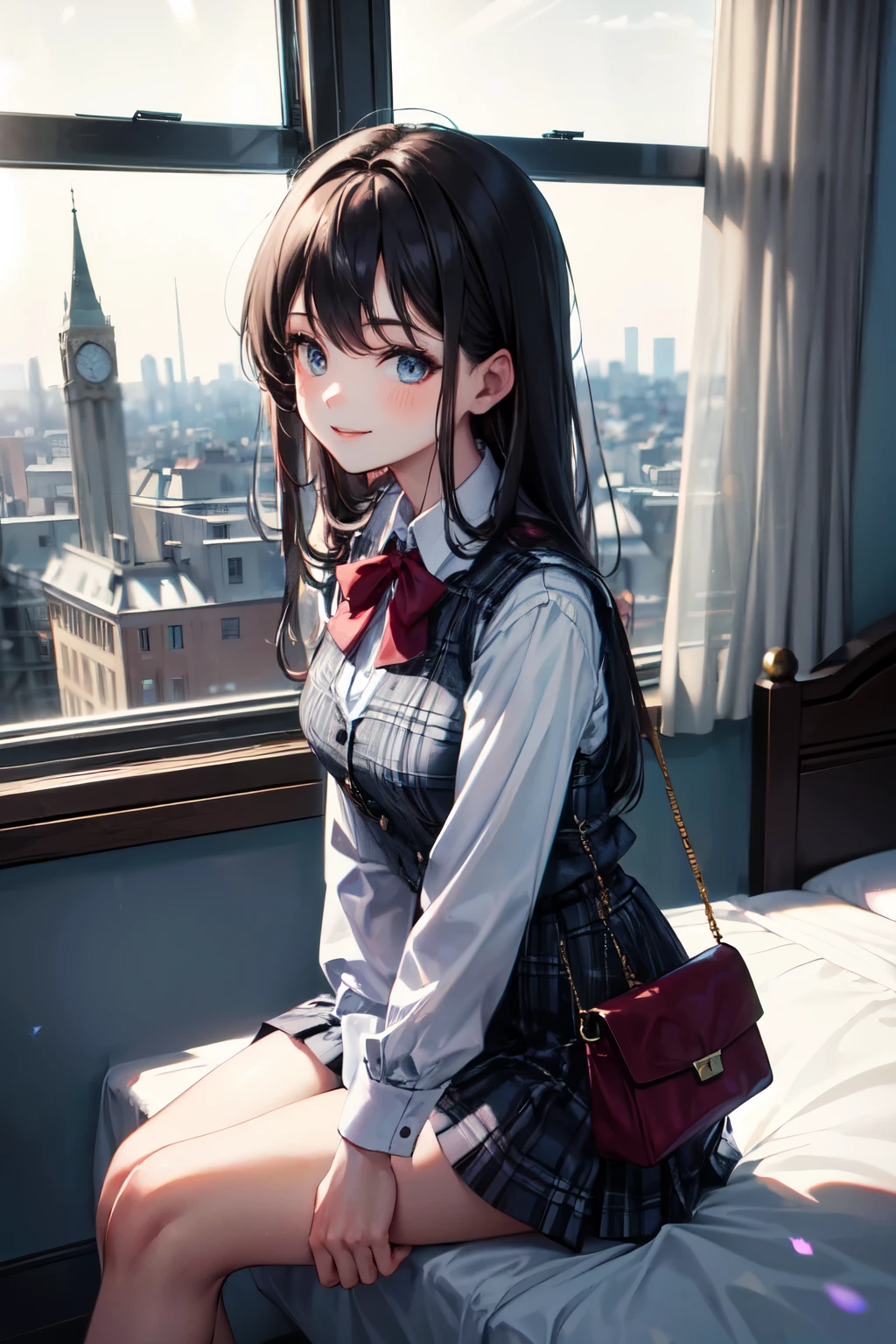 very cute and beautiful girl,(highly detailed beautiful face and eyes),
sitting on bed sheet,long sleeve white blouse,plaid vest,looking at viewer,(smile),black hair,pleated gray mini skirt,
fashion bag,pouch,
antique hotel bedroom,window,distant trees and town,
(best quality,masterpiece),absurdres,highres,ultra-detailed,extremely detailed,32k,8k resolution,
intricate details,cinematic scene,detailed background,solo,dynamic angle,