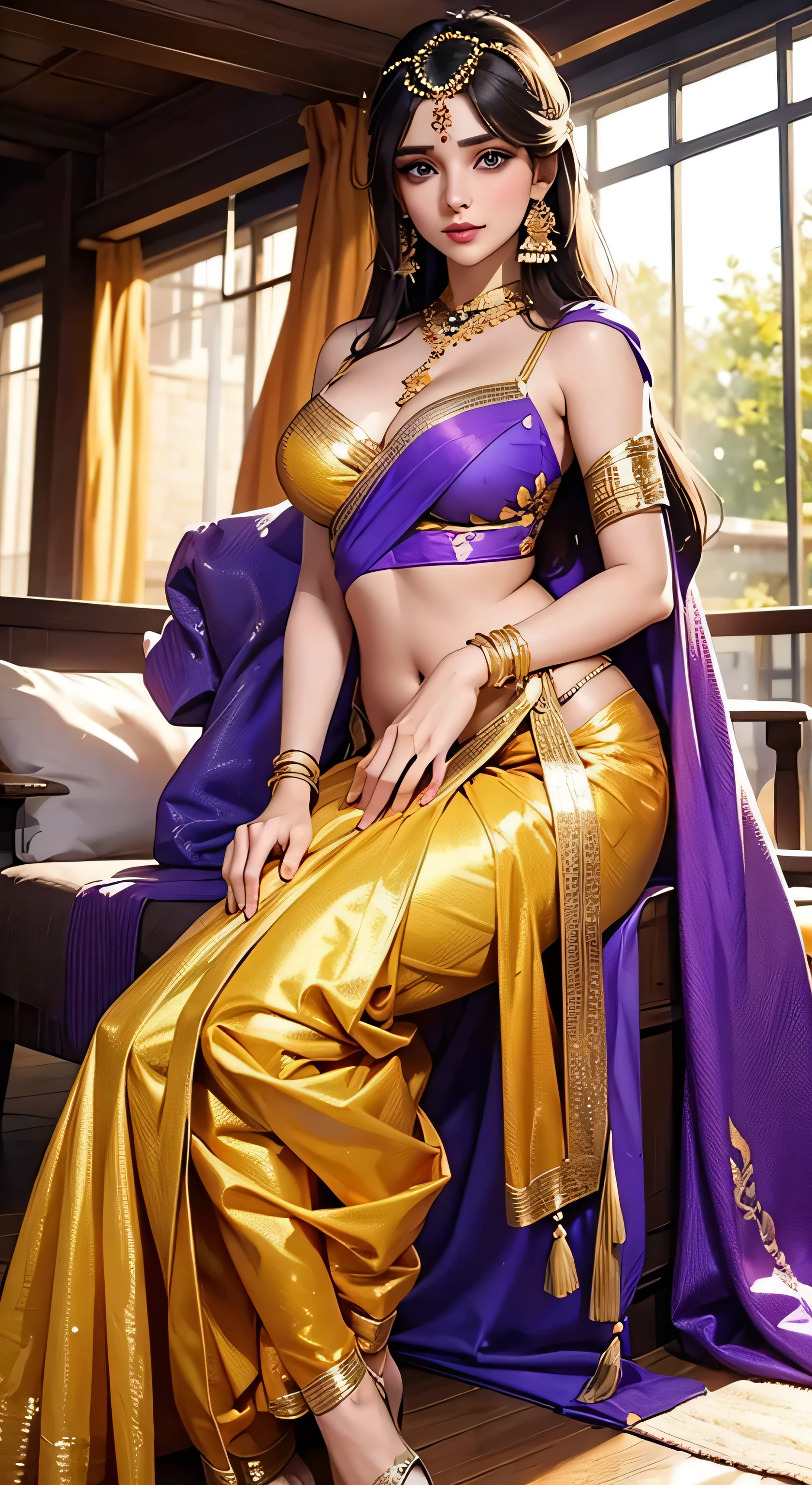 russian beautiful girl in golden and purple saree, mat blouse, mat saree small cleavage line, medium breast, beautiful blue eyes, puffy breast