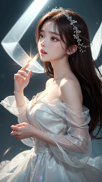 White background、Professional Lighting、(((Professional Lighting 1.5)))、Translucent skin texture、Transparent skin、Beautiful Skin、、Brown Hair、Off the shoulder、White dress、Ecstasy of Musical Notes、