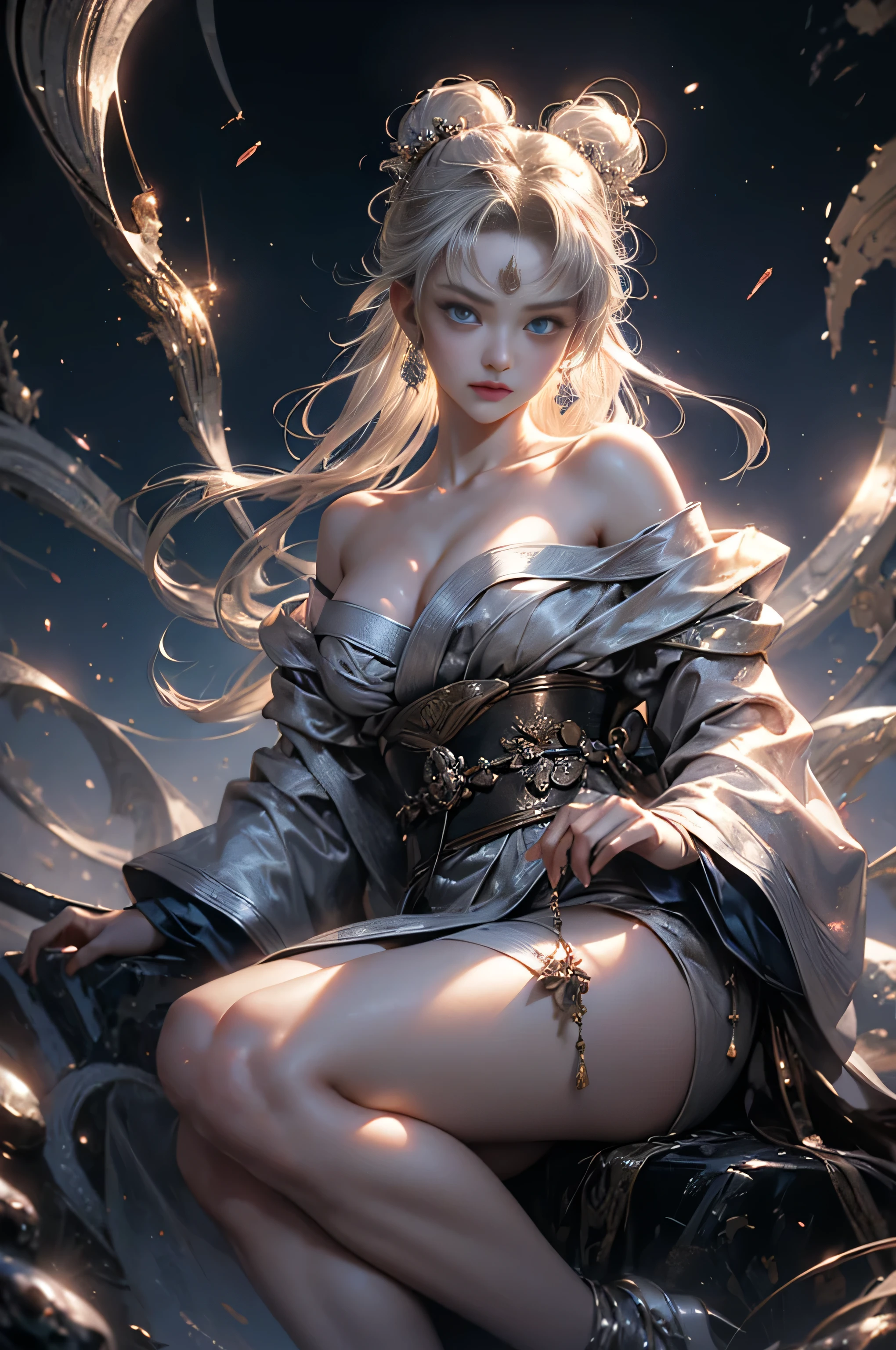 (Photoreal Stick:1.4, masutepiece:1..3, 8K), top-quality, masterpiece, 超A high resolution, Perfect dynamic composition, Professional camera work, Grow Light Effect, Mystical portrait, Cinematic Light, Highly detailed skin and facial texture:1.3, The ultra-detailliert, A detailed eye, (Shining metal objects floating in the air and surrounding her.:1.2), (myterious:1.3, Fanciful:1.2, tradition:1.2, majestueux:1.2), 1girl in, 25-years old, cute sexy slim female god, Fair skin, (Enraptured look:0.9, Totally captivates you:1.0), (silver japanese kimono:1.3 off shoulder), (voluptuous breasts:0.9), (Backshots, Calm pose), (Beautiful blue eyes, Eyes that feel beautiful eros:0.85), Sexy face:0.4, (A mouthfeel that feels beautiful eros:0.85), ((Too cute beauty:0.9))