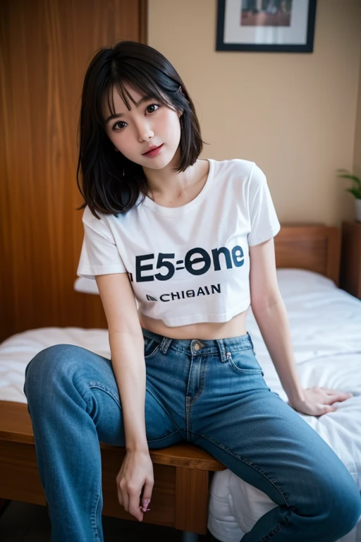 A woman is standing in a room with a remote control, Shot on a Canon 80d, Luan Cute Vtuber, Cute shirt and jeans, Chiho, Shot with Canon EOS 5D Mark IV, One adorable Korean face, She has a pretty, expressive face, egirl, e - girl, sakimichan, Shot with Canon EOS R 6 、((Sexy panties in full view:1.2))、((Spread your legs wide:1.2))