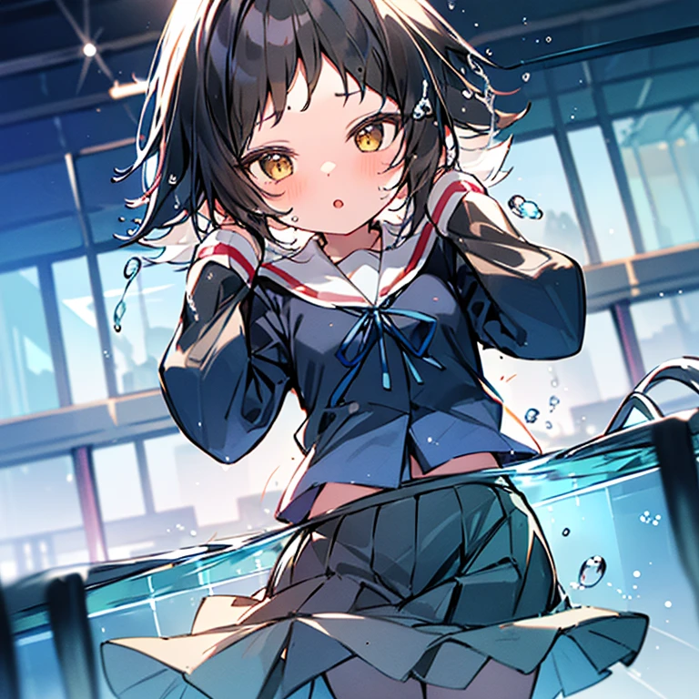 1 girl、mashiromitsumine, mashiro mitsumine, (Brown eyes:1.5), Brown Hair, ponytail, (Flat Chest:1.2), break grey skirt, (Moe sleeves)、Long sleeve, neck ribbon, (red ribbon), ribbon, Sailor collar, skirt, white Sailor collar, (Blue Shirt:1.5), break looking at viewer, full body, The lower body is transparent、break indoors, School swimming pool, (Lots of water)、Wet、(((Pulling on the skirt)))、((The skirt spreads over the water surface.))、waterlogged、((In the water))、(((Transparent pool))), Water Play、break (masterpiece:1.2), highest quality, High resolution, unity 8k wallpaper, (shape:0.8), Highly detailed face, Perfect lighting, Extremely detailed CG、White underwear、(full skirt)、(Long wide skirt)、cute、blush、Watery eye