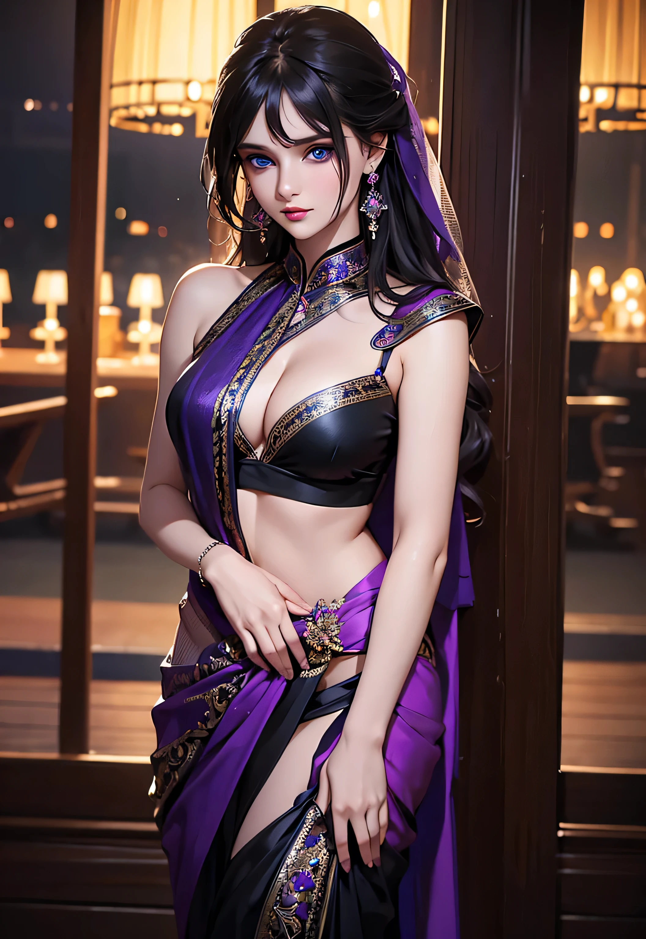 russian beautiful girl in black and purple saree, blouse, mat saree small cleavage line, medium breast, beautiful blue eyes, medium
