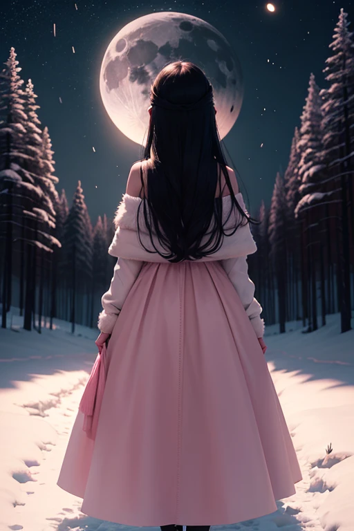woman alone in a clearing, long black hair, pink ball dress, snow on the ground, moon behind, turned back