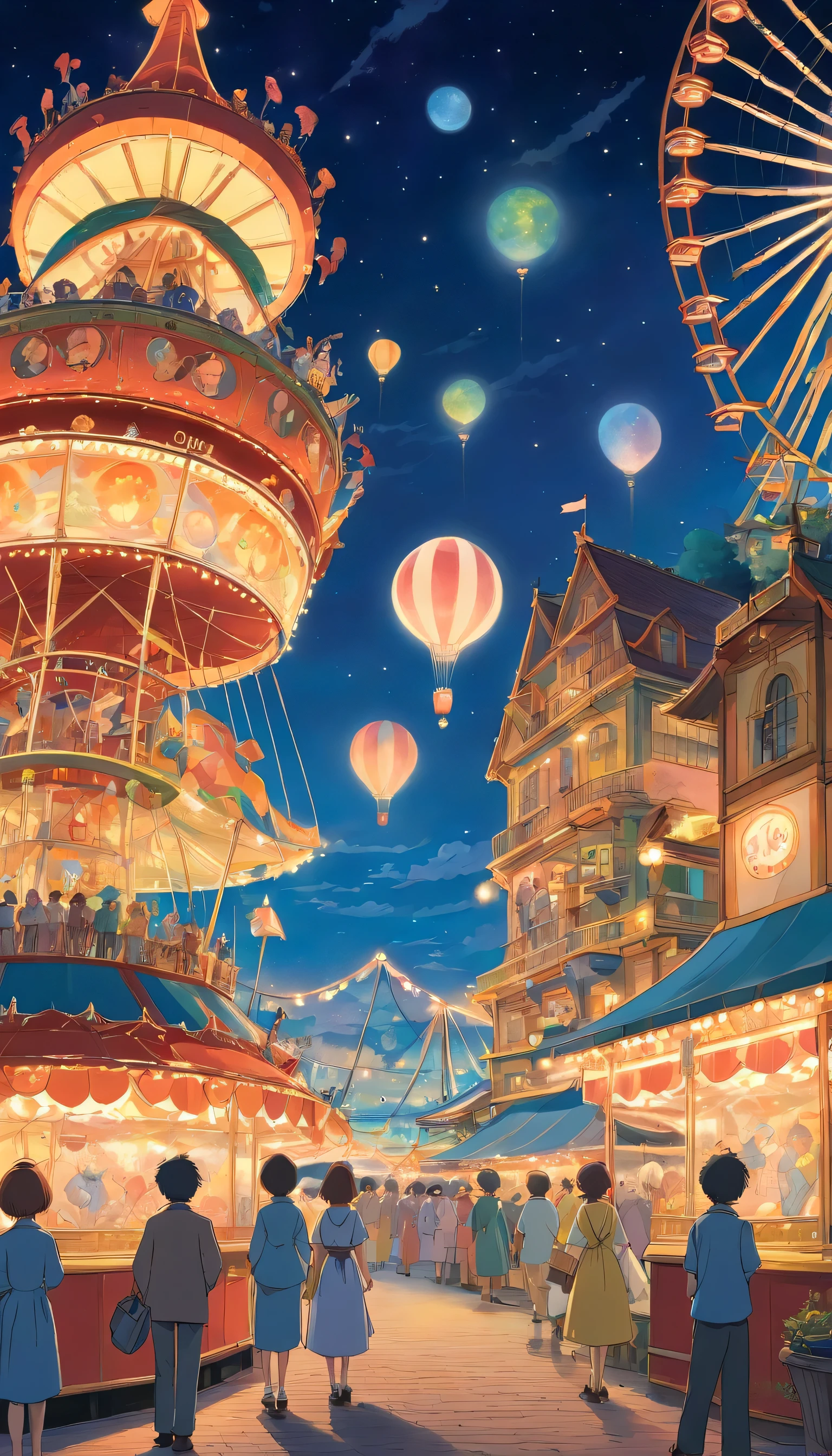 A magical landscape of night circus and carnival going on with giant ferris wheels, tents and full moon night sky