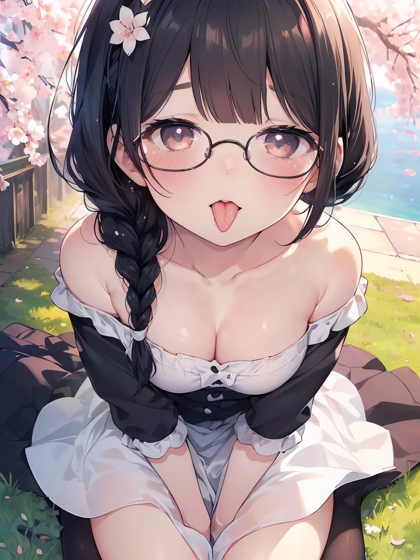 Very detailed, highest quality, High resolution, Moe Anime, ((Cute girl with black hair and droopy eyes)), ((Wearing large round glasses:1.4)), (), Cute eyes, Detailed eye depiction, Sparkle in the eyes, View your viewers, Pale skin, (Big eyes:1.4, Droopy eyes:1.4, Fatty face:1.4), smile, Focus on the face, In the park with cherry blossoms falling, Sitting, (Extreme close up of tongue), (((From above))), Open your mouth, (((Face only:1.3))), ((White off-the-shoulder dress)), Bright Eyes, Light from the front, (Put your hands between your legs:1.4), large and long tongue, Cleavage, Braided hairstyle