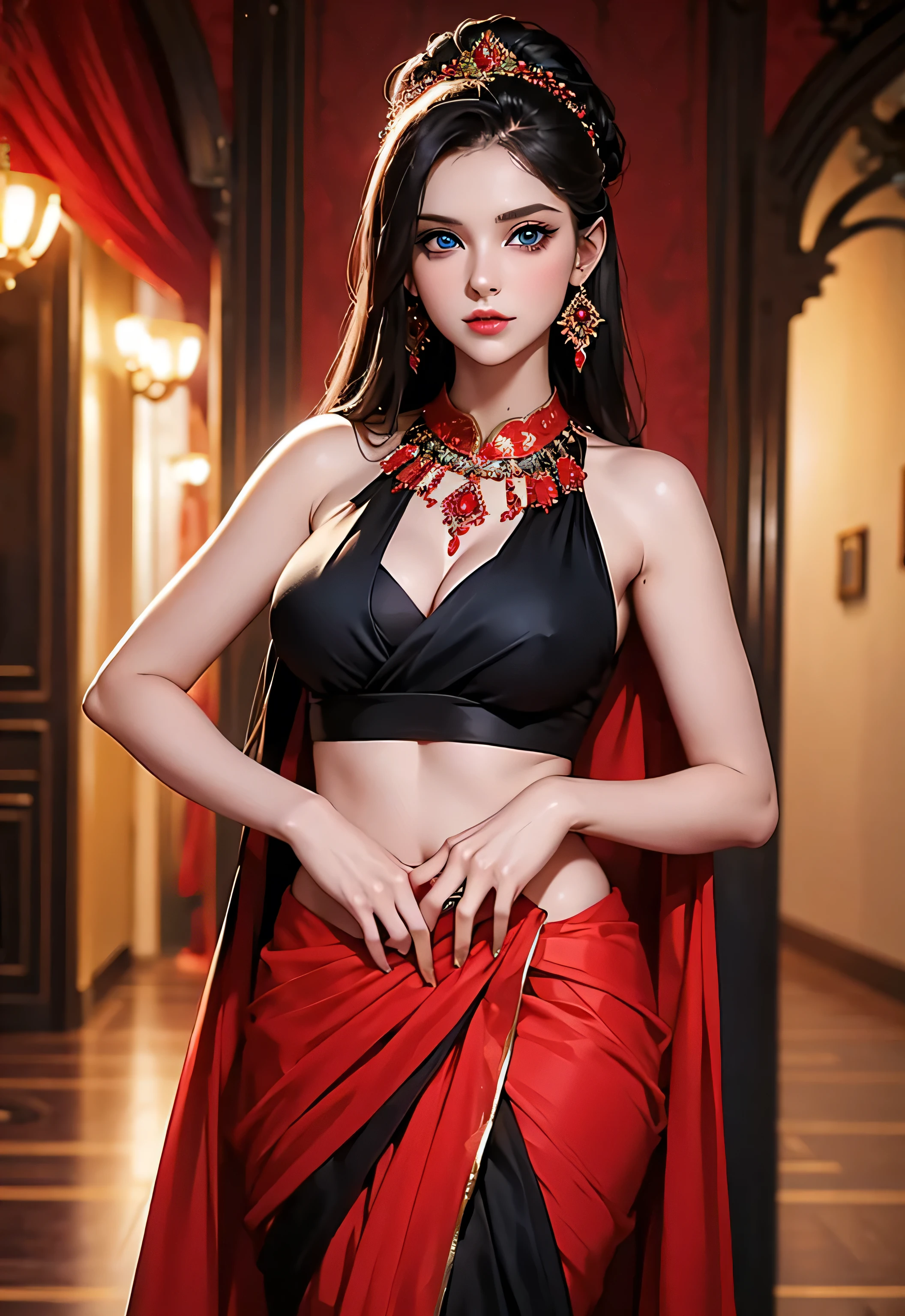 russian beautiful girl in black and red saree, blouse, mat saree small cleavage line, medium breast, beautiful blue eyes, medium